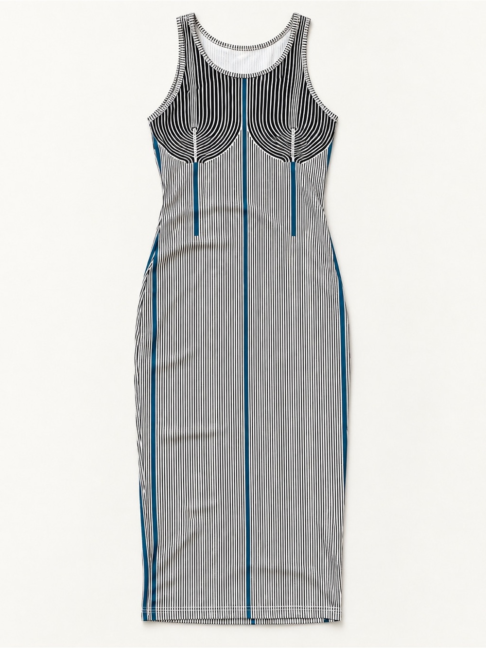 Striped Tank Midi Dress in White, Black and Teal